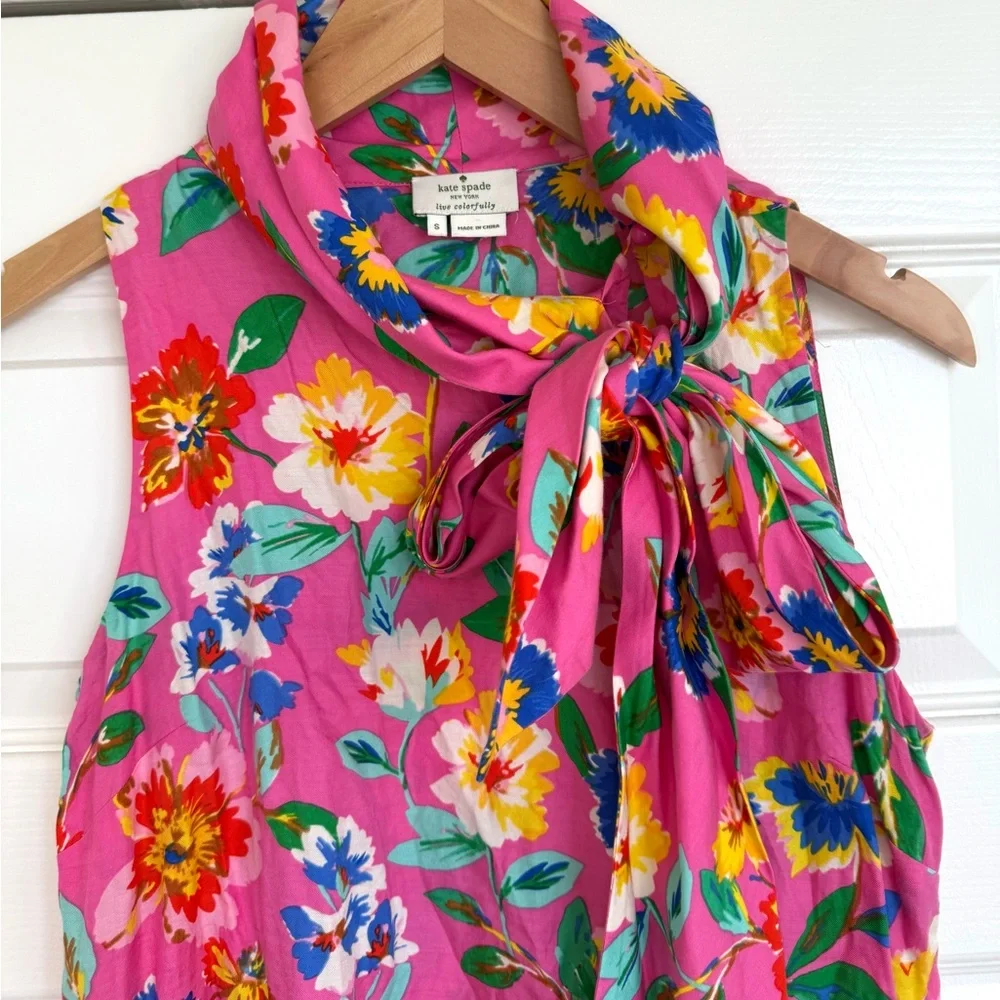 Kate Spade Live Colorfully Floral Pink Sleeveless Top Blouse With Tie Small S - Picture 3 of 5